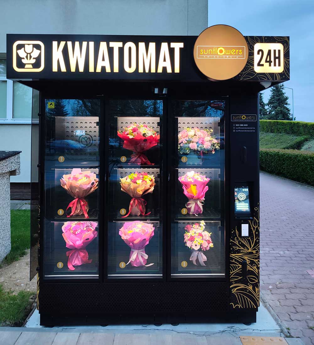 Kwiaciarnia - kwiatomat czynny 24 godziny na dobę, kwaitomat na Alejach Jana Pawła II 10 (nowy szpital) w Zamościu